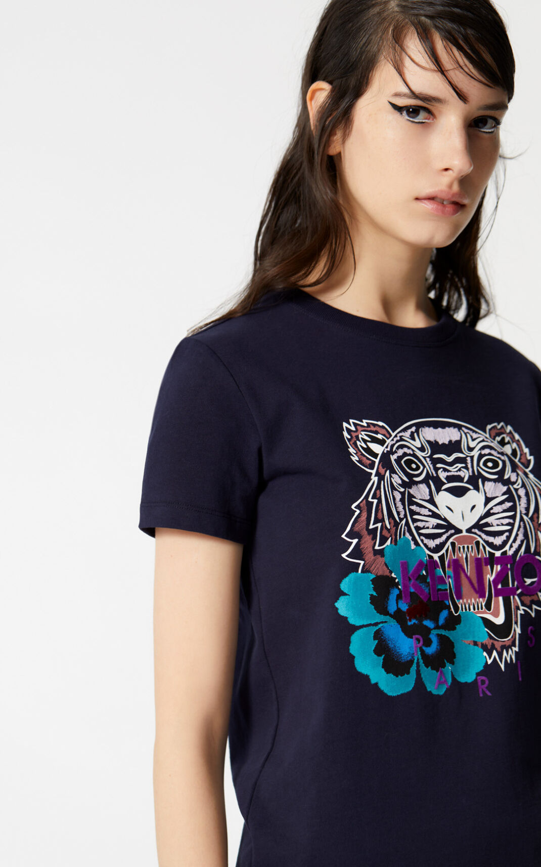 Kenzo Indonesian Flower Tiger T Shirt Dark Blue For Womens 0672QSKZY